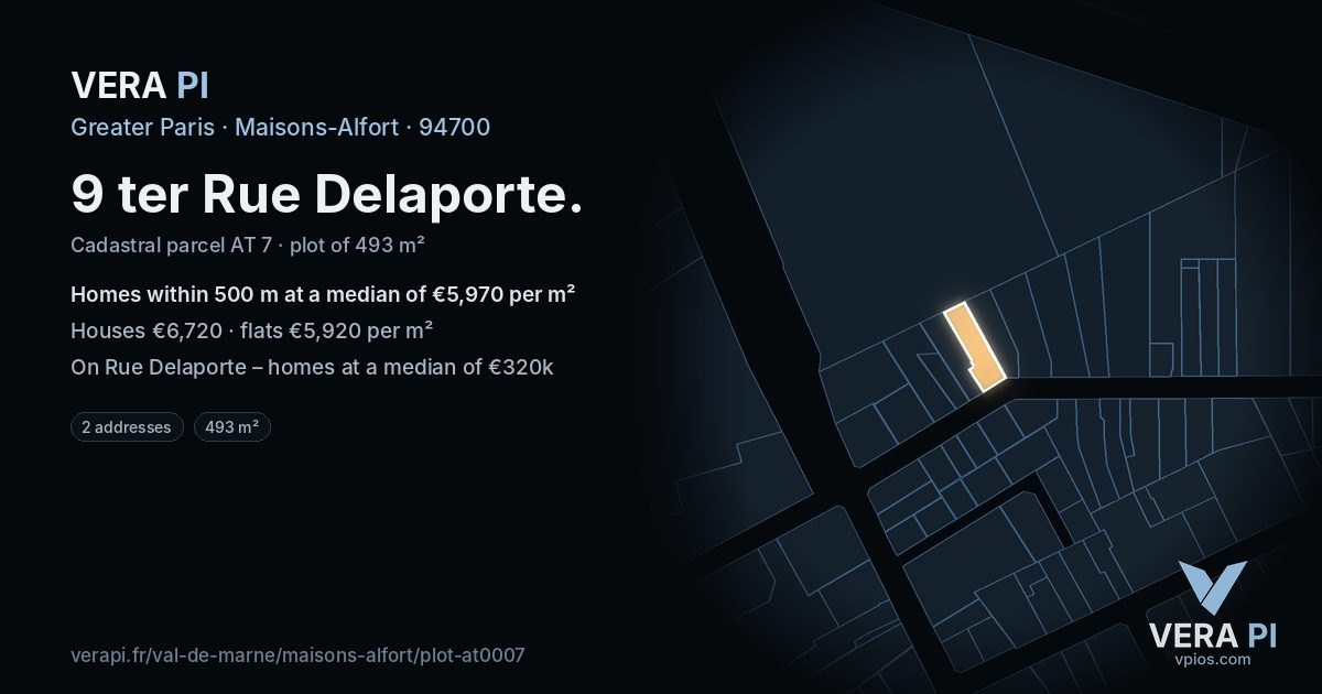 9 ter Rue Delaporte, Maisons-Alfort at night – the plot lit, the parcels around coloured by the prices near them
