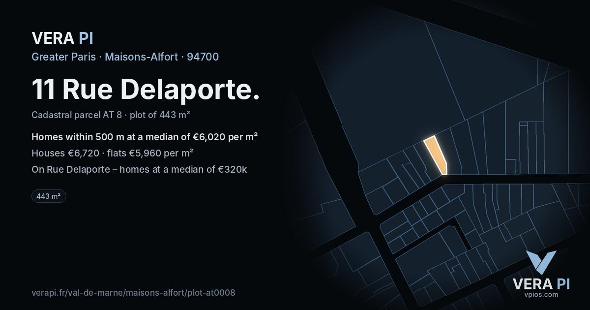 11 Rue Delaporte, Maisons-Alfort at night – the plot lit, the parcels around coloured by the prices near them