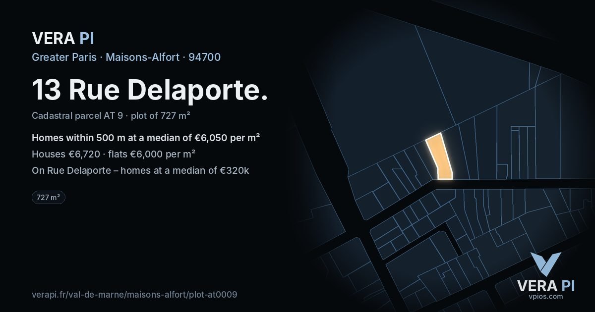 13 Rue Delaporte, Maisons-Alfort at night – the plot lit, the parcels around coloured by the prices near them