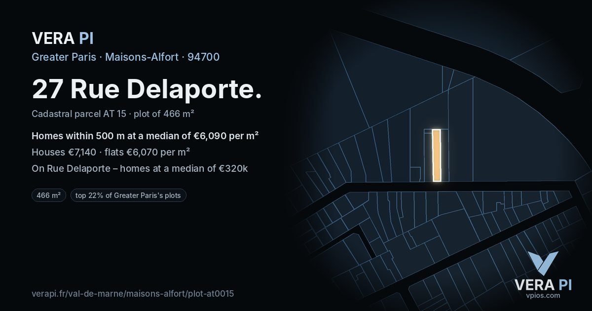 27 Rue Delaporte, Maisons-Alfort at night – the plot lit, the parcels around coloured by the prices near them