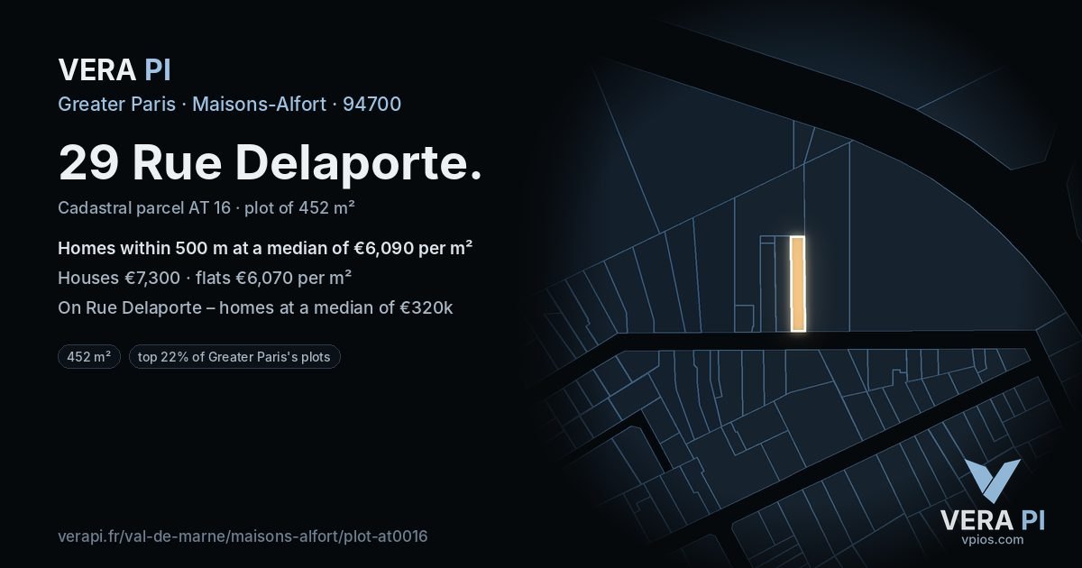 29 Rue Delaporte, Maisons-Alfort at night – the plot lit, the parcels around coloured by the prices near them