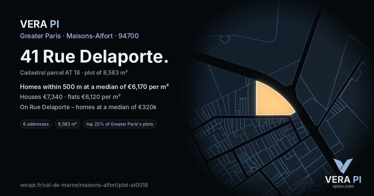 41 Rue Delaporte, Maisons-Alfort at night – the plot lit, the parcels around coloured by the prices near them