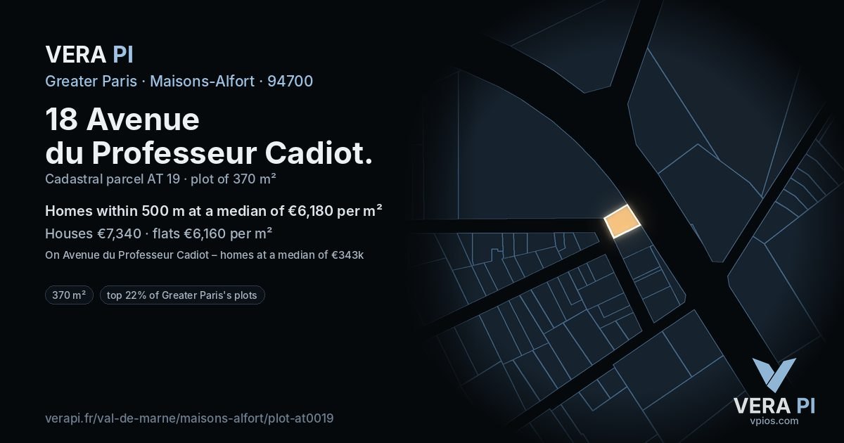 18 Avenue du Professeur Cadiot, Maisons-Alfort at night – the plot lit, the parcels around coloured by the prices near them