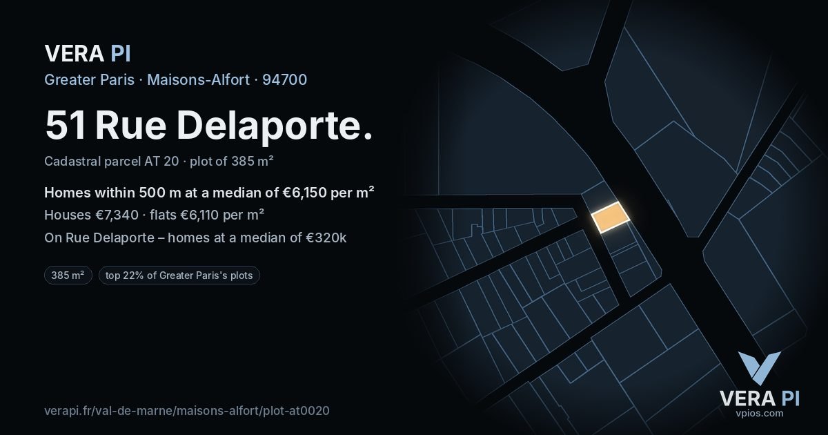 51 Rue Delaporte, Maisons-Alfort at night – the plot lit, the parcels around coloured by the prices near them