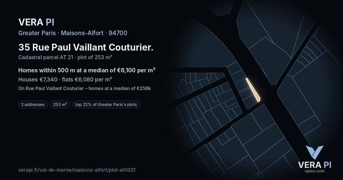 35 Rue Paul Vaillant Couturier, Maisons-Alfort at night – the plot lit, the parcels around coloured by the prices near them