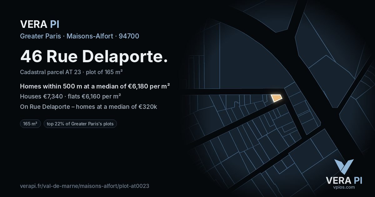 46 Rue Delaporte, Maisons-Alfort at night – the plot lit, the parcels around coloured by the prices near them