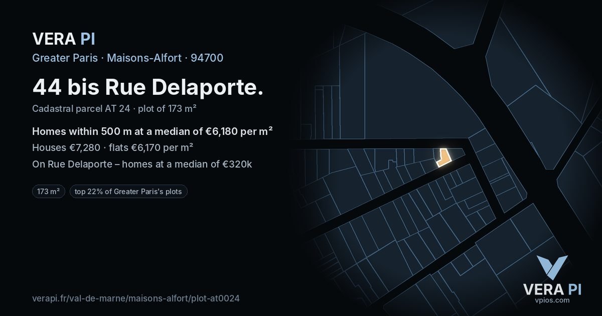 44 bis Rue Delaporte, Maisons-Alfort at night – the plot lit, the parcels around coloured by the prices near them