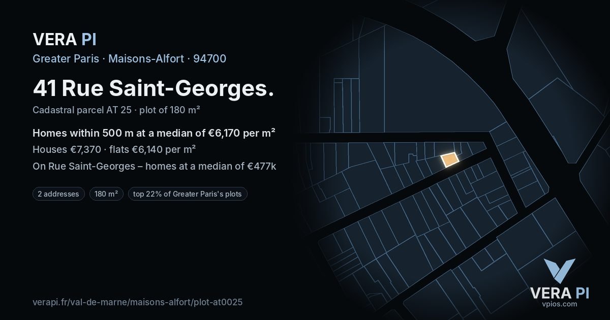 41 Rue Saint-Georges, Maisons-Alfort at night – the plot lit, the parcels around coloured by the prices near them