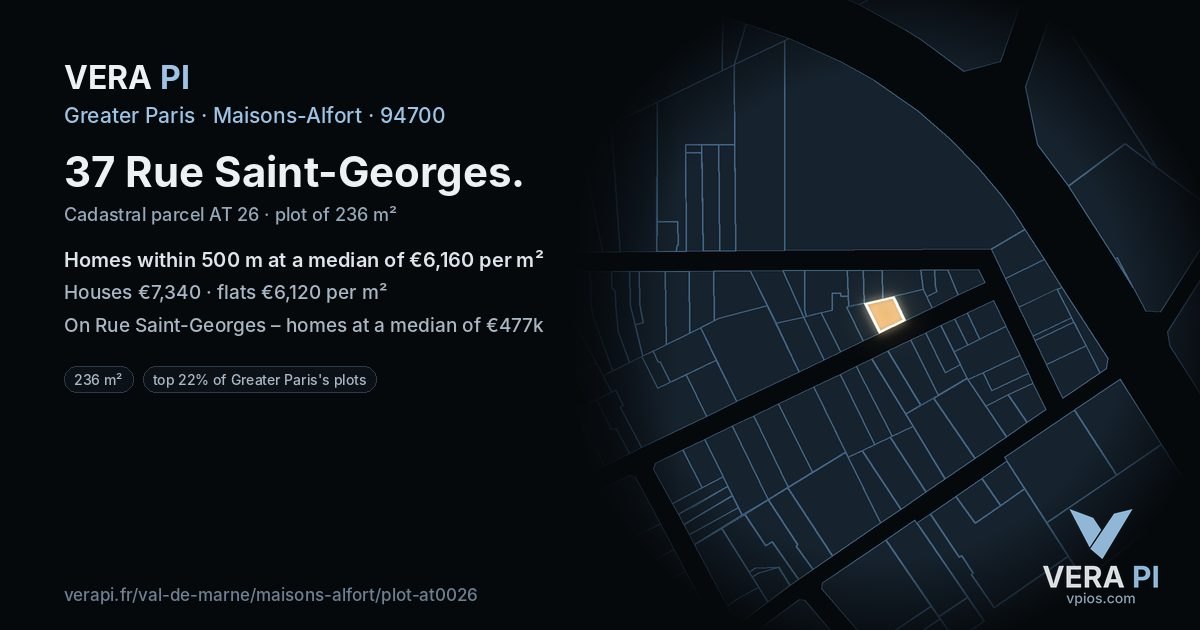 37 Rue Saint-Georges, Maisons-Alfort at night – the plot lit, the parcels around coloured by the prices near them