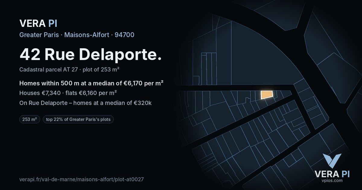 42 Rue Delaporte, Maisons-Alfort at night – the plot lit, the parcels around coloured by the prices near them