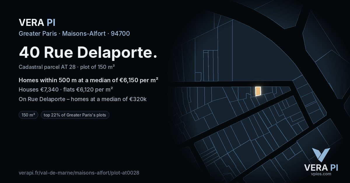 40 Rue Delaporte, Maisons-Alfort at night – the plot lit, the parcels around coloured by the prices near them