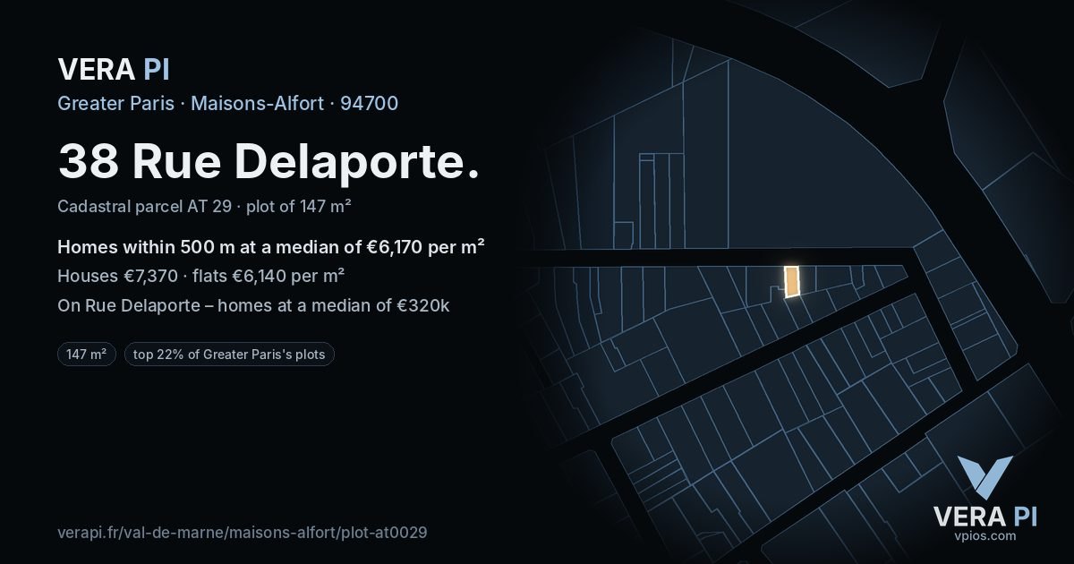38 Rue Delaporte, Maisons-Alfort at night – the plot lit, the parcels around coloured by the prices near them