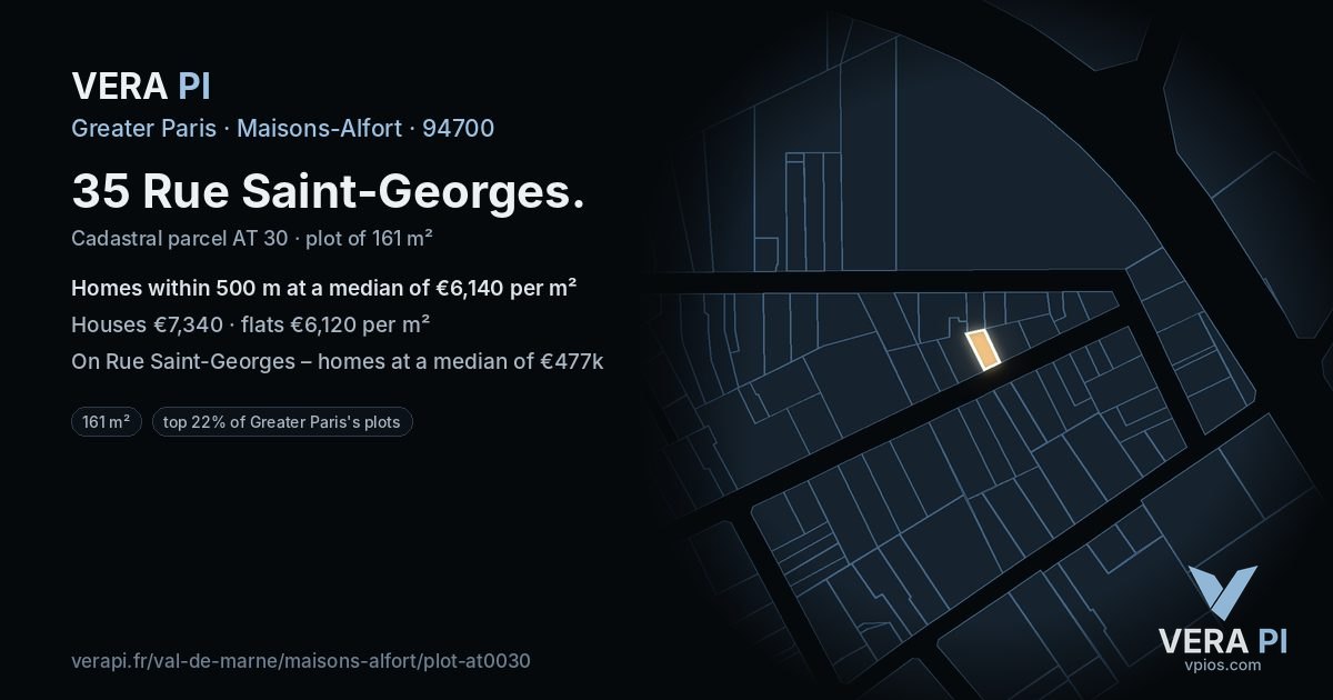35 Rue Saint-Georges, Maisons-Alfort at night – the plot lit, the parcels around coloured by the prices near them