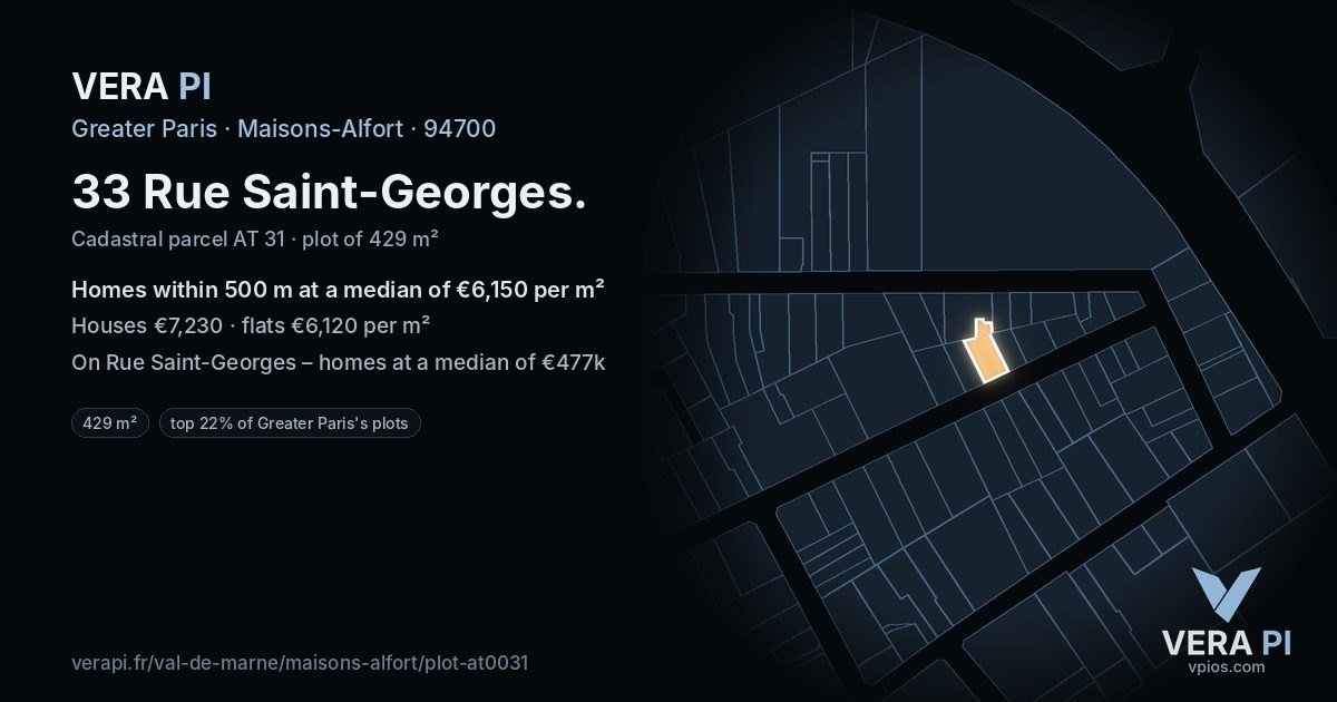 33 Rue Saint-Georges, Maisons-Alfort at night – the plot lit, the parcels around coloured by the prices near them