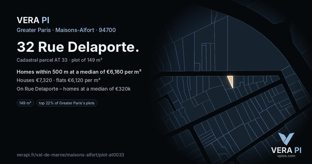 32 Rue Delaporte, Maisons-Alfort at night – the plot lit, the parcels around coloured by the prices near them