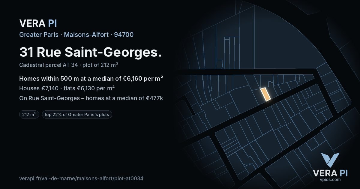 31 Rue Saint-Georges, Maisons-Alfort at night – the plot lit, the parcels around coloured by the prices near them