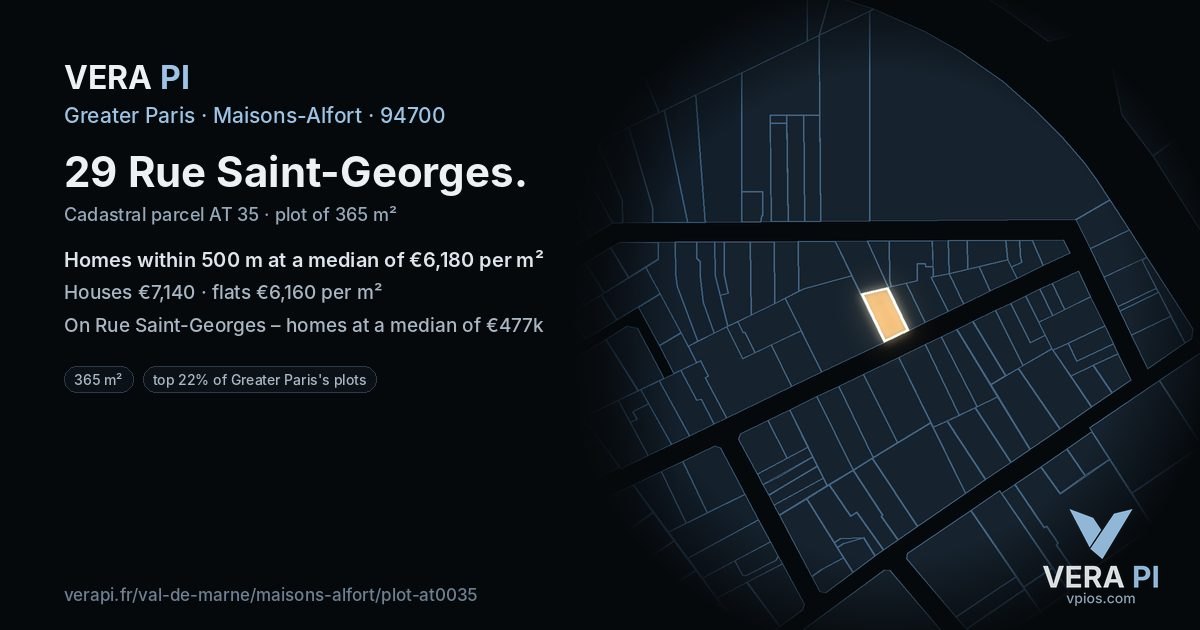 29 Rue Saint-Georges, Maisons-Alfort at night – the plot lit, the parcels around coloured by the prices near them