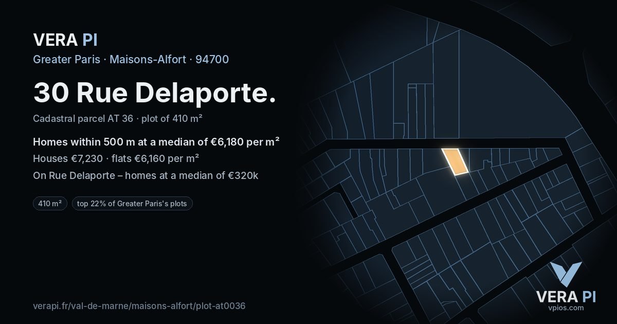 30 Rue Delaporte, Maisons-Alfort at night – the plot lit, the parcels around coloured by the prices near them