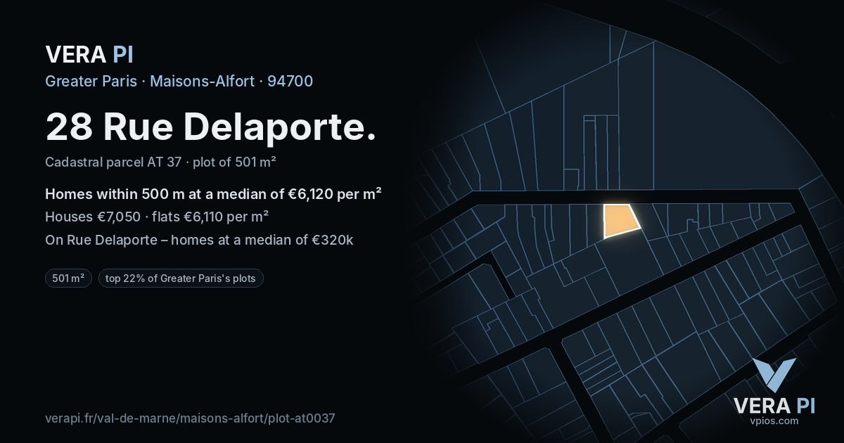 28 Rue Delaporte, Maisons-Alfort at night – the plot lit, the parcels around coloured by the prices near them
