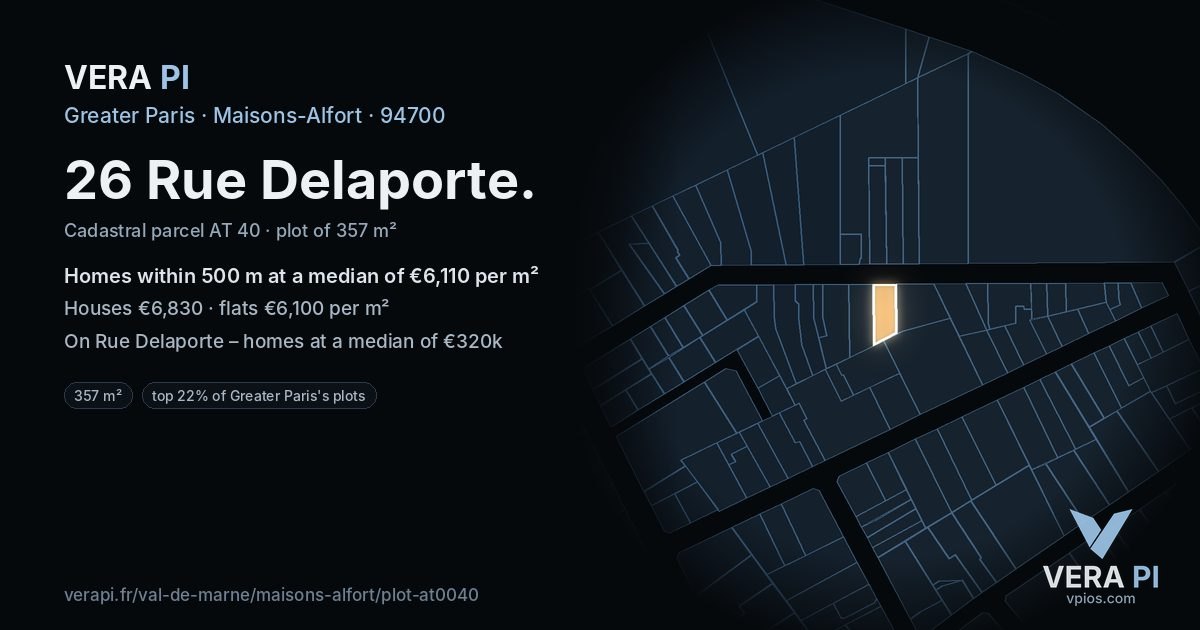 26 Rue Delaporte, Maisons-Alfort at night – the plot lit, the parcels around coloured by the prices near them
