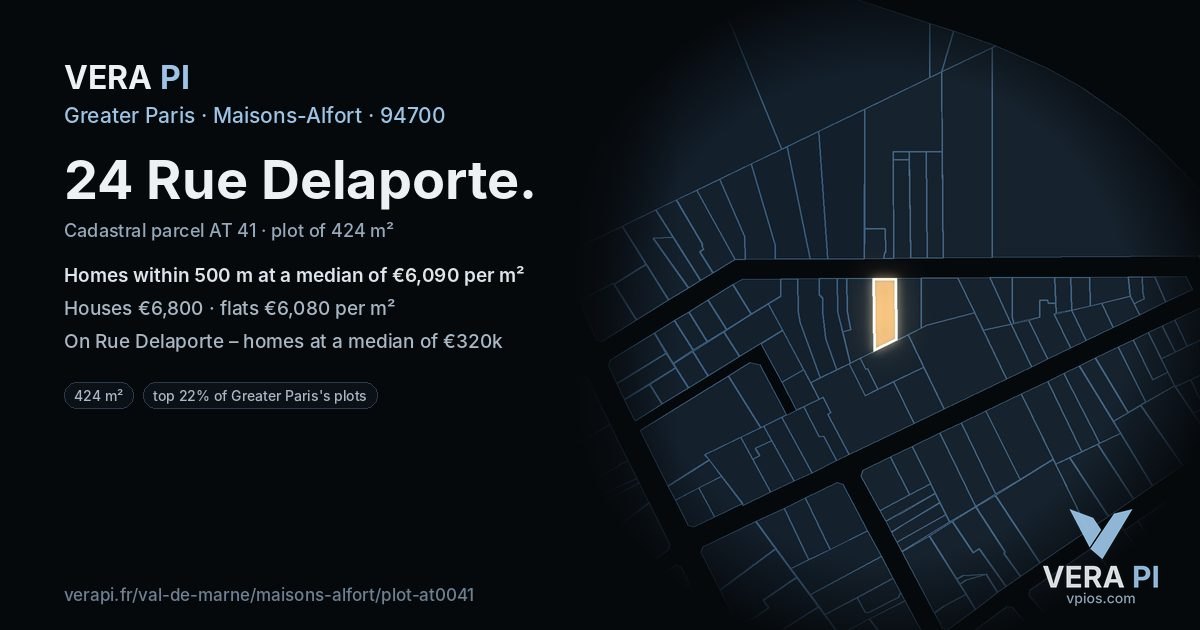 24 Rue Delaporte, Maisons-Alfort at night – the plot lit, the parcels around coloured by the prices near them