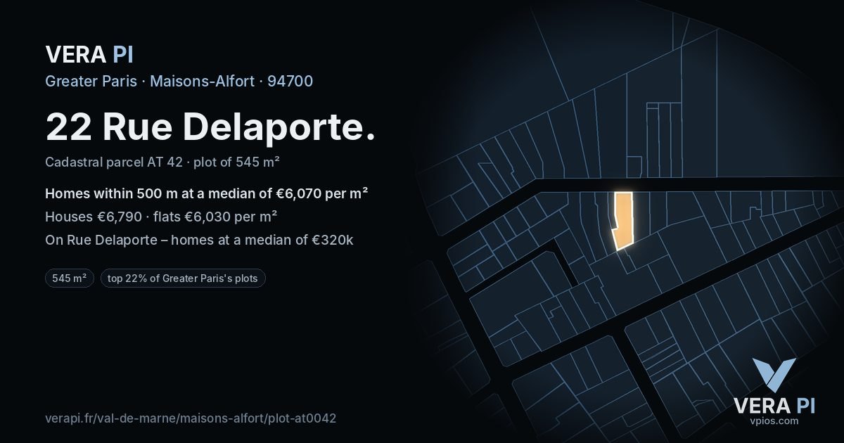 22 Rue Delaporte, Maisons-Alfort at night – the plot lit, the parcels around coloured by the prices near them