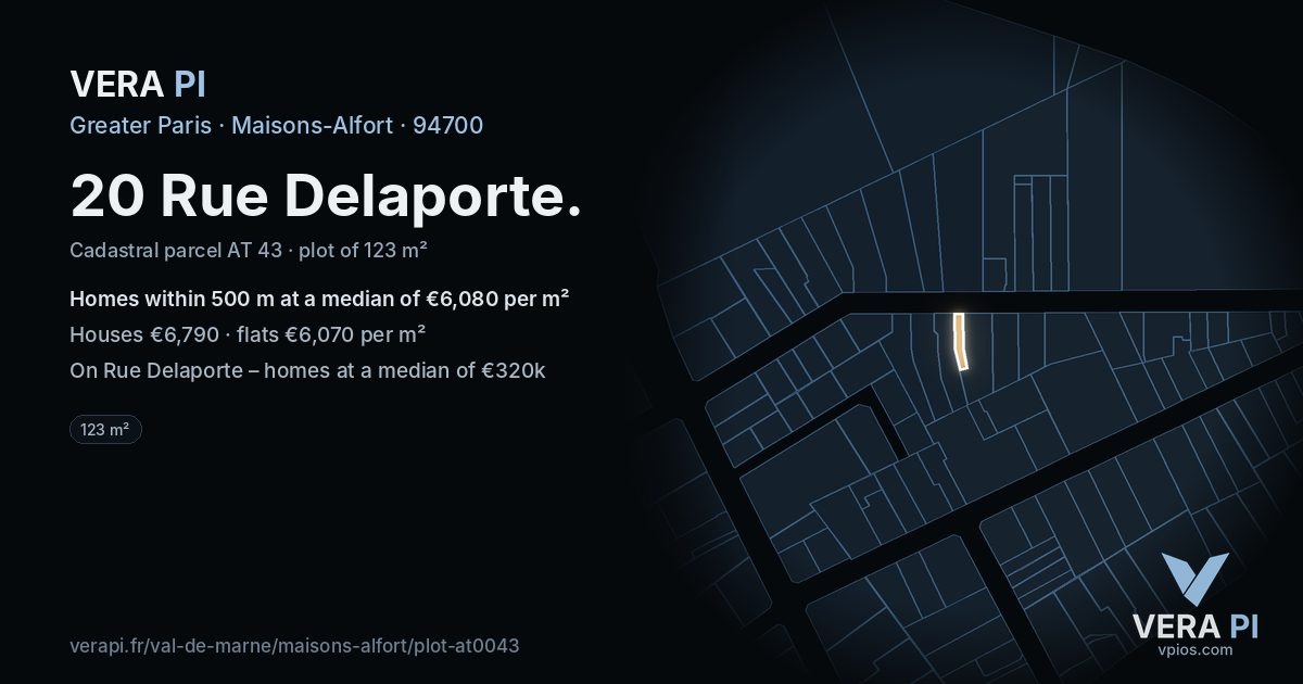 20 Rue Delaporte, Maisons-Alfort at night – the plot lit, the parcels around coloured by the prices near them