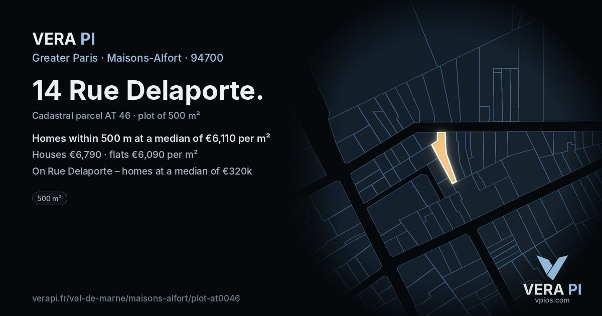14 Rue Delaporte, Maisons-Alfort at night – the plot lit, the parcels around coloured by the prices near them