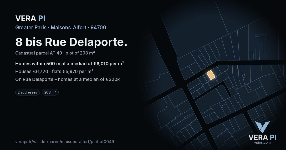 8 bis Rue Delaporte, Maisons-Alfort at night – the plot lit, the parcels around coloured by the prices near them