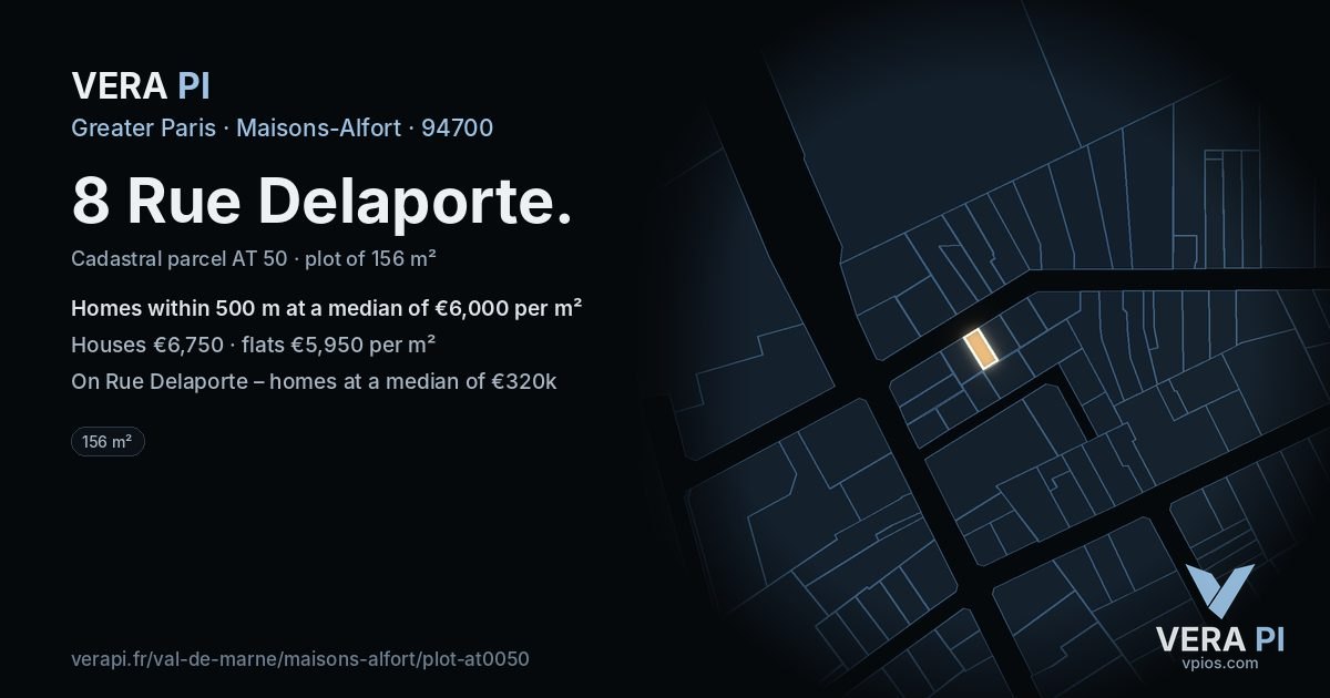 8 Rue Delaporte, Maisons-Alfort at night – the plot lit, the parcels around coloured by the prices near them