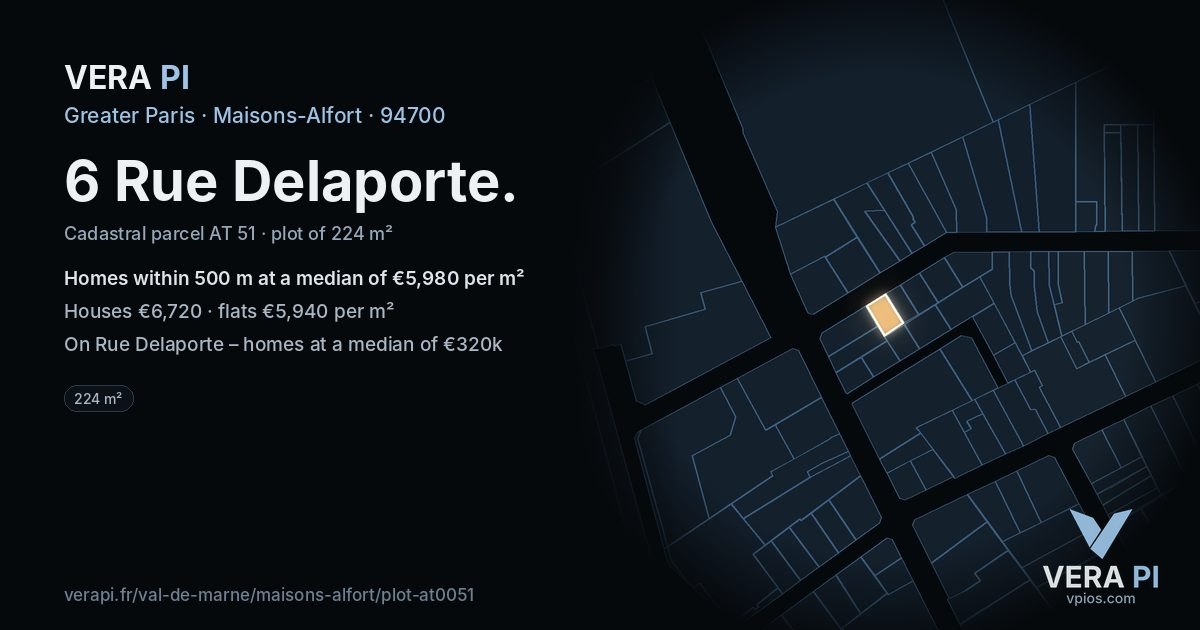 6 Rue Delaporte, Maisons-Alfort at night – the plot lit, the parcels around coloured by the prices near them