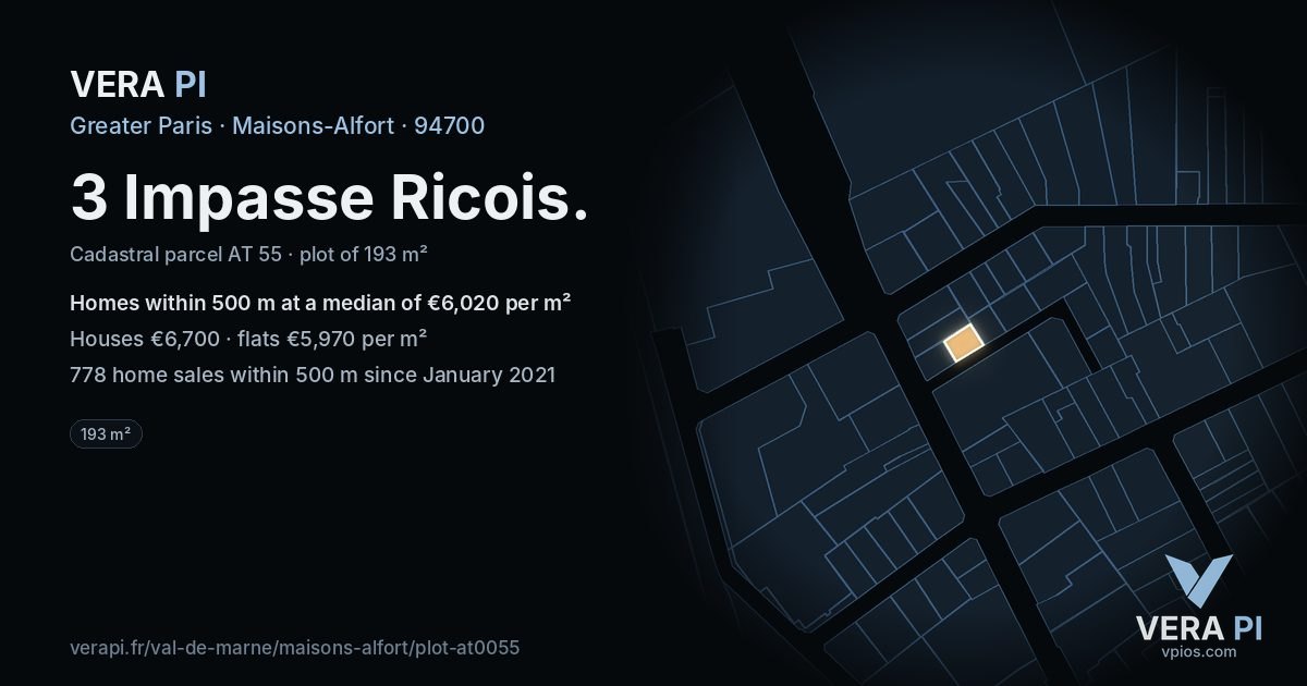 3 Impasse Ricois, Maisons-Alfort at night – the plot lit, the parcels around coloured by the prices near them