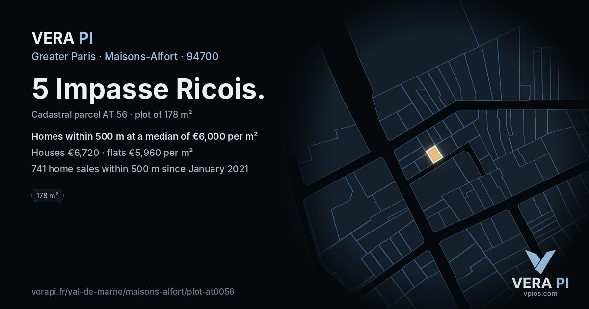 5 Impasse Ricois, Maisons-Alfort at night – the plot lit, the parcels around coloured by the prices near them