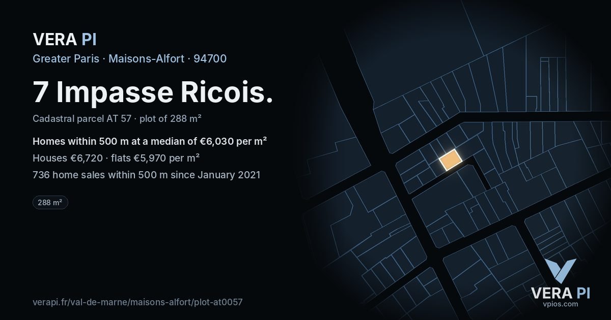 7 Impasse Ricois, Maisons-Alfort at night – the plot lit, the parcels around coloured by the prices near them