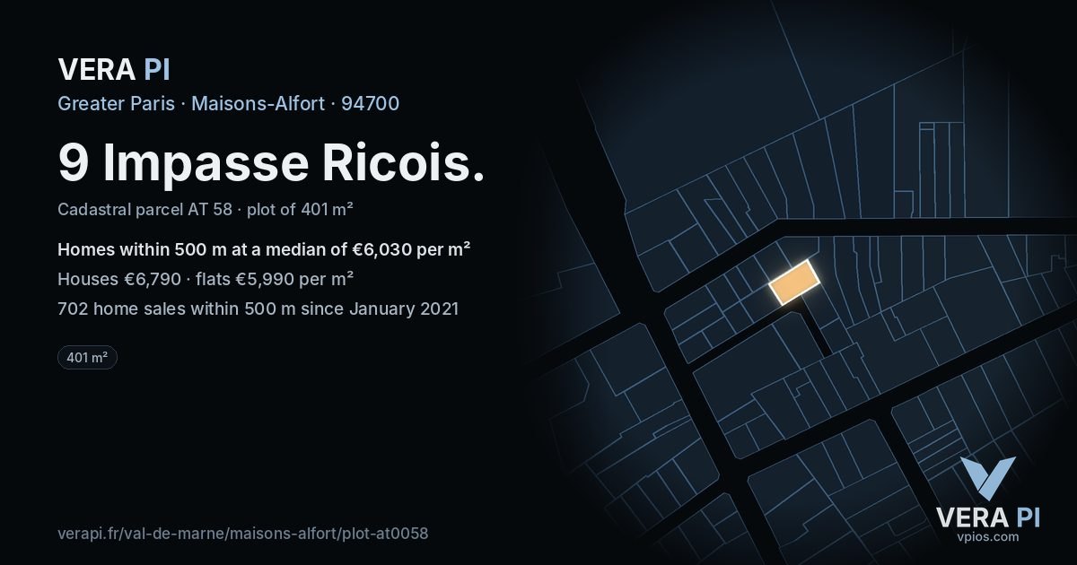 9 Impasse Ricois, Maisons-Alfort at night – the plot lit, the parcels around coloured by the prices near them