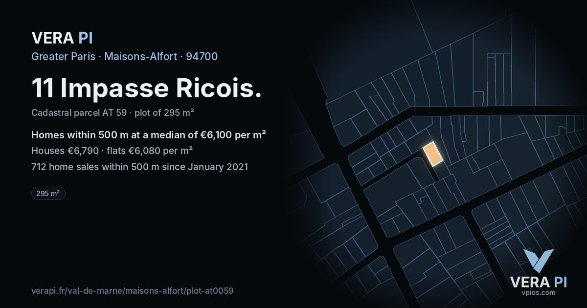 11 Impasse Ricois, Maisons-Alfort at night – the plot lit, the parcels around coloured by the prices near them