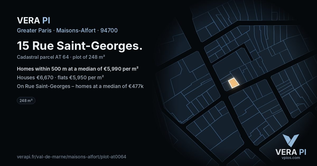 15 Rue Saint-Georges, Maisons-Alfort at night – the plot lit, the parcels around coloured by the prices near them