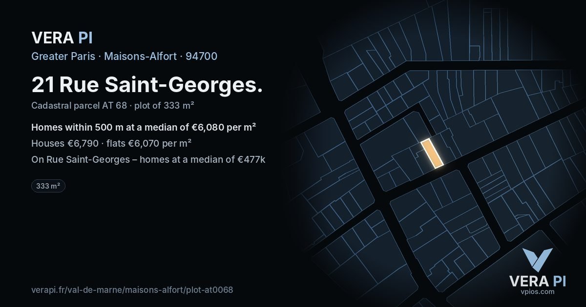 21 Rue Saint-Georges, Maisons-Alfort at night – the plot lit, the parcels around coloured by the prices near them