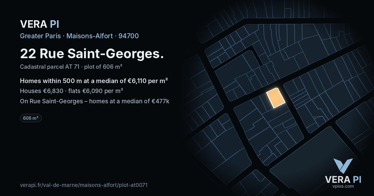 22 Rue Saint-Georges, Maisons-Alfort at night – the plot lit, the parcels around coloured by the prices near them