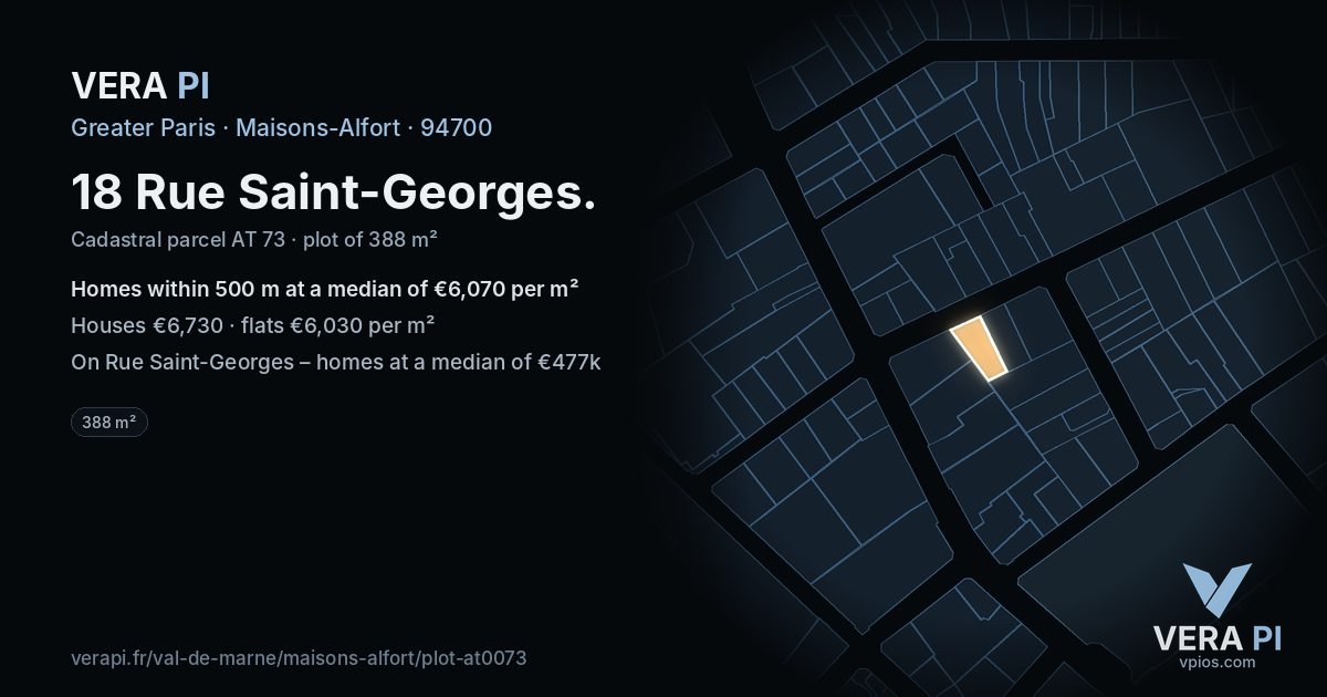 18 Rue Saint-Georges, Maisons-Alfort at night – the plot lit, the parcels around coloured by the prices near them