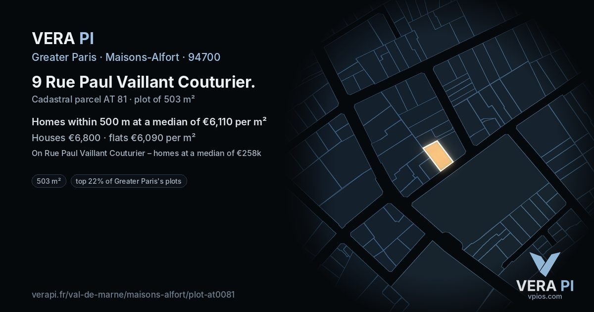 9 Rue Paul Vaillant Couturier, Maisons-Alfort at night – the plot lit, the parcels around coloured by the prices near them