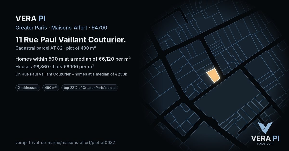 11 Rue Paul Vaillant Couturier, Maisons-Alfort at night – the plot lit, the parcels around coloured by the prices near them