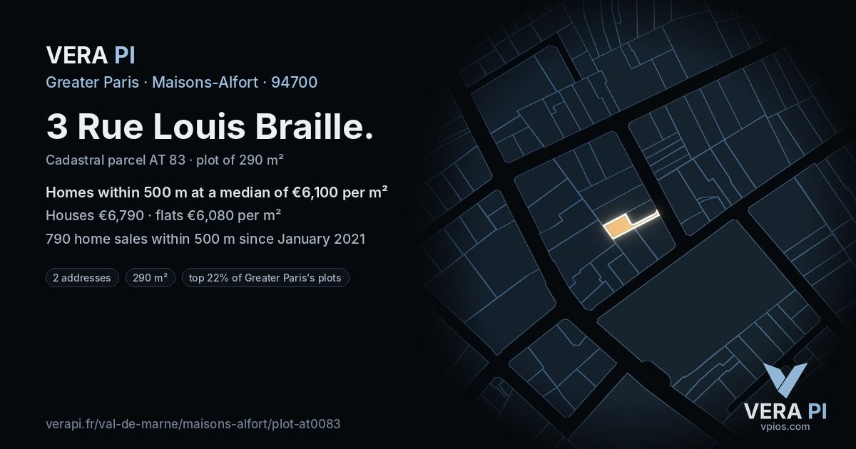 3 Rue Louis Braille, Maisons-Alfort at night – the plot lit, the parcels around coloured by the prices near them