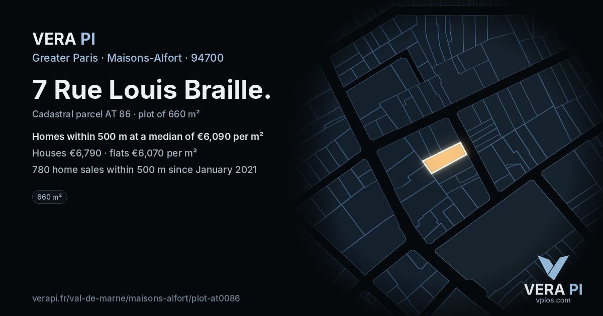7 Rue Louis Braille, Maisons-Alfort at night – the plot lit, the parcels around coloured by the prices near them