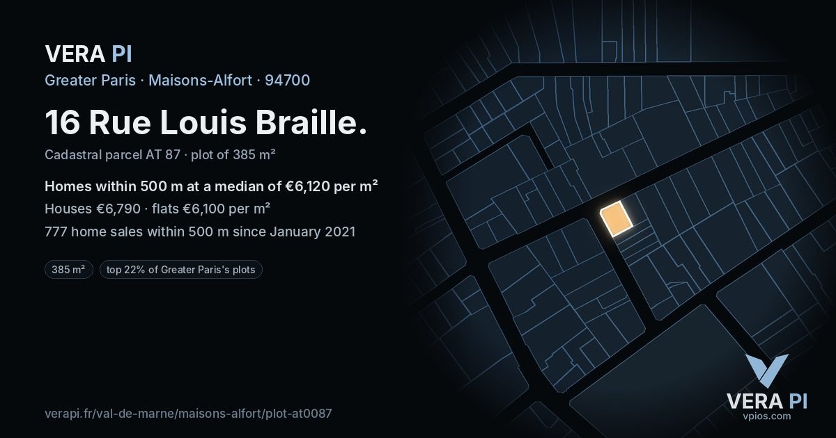 16 Rue Louis Braille, Maisons-Alfort at night – the plot lit, the parcels around coloured by the prices near them