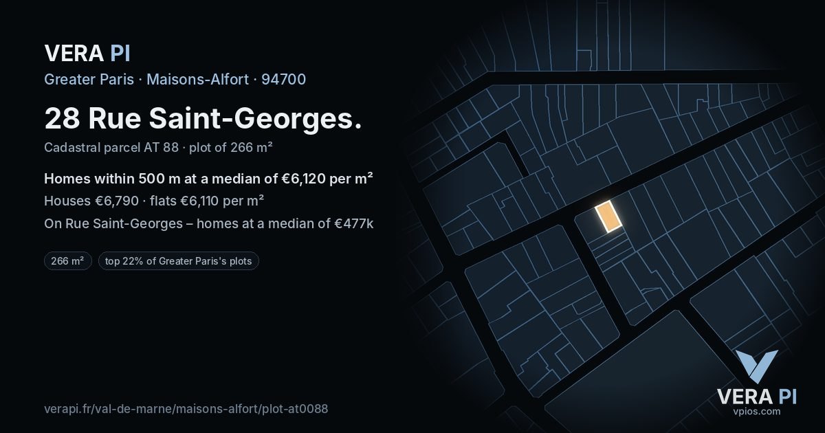 28 Rue Saint-Georges, Maisons-Alfort at night – the plot lit, the parcels around coloured by the prices near them