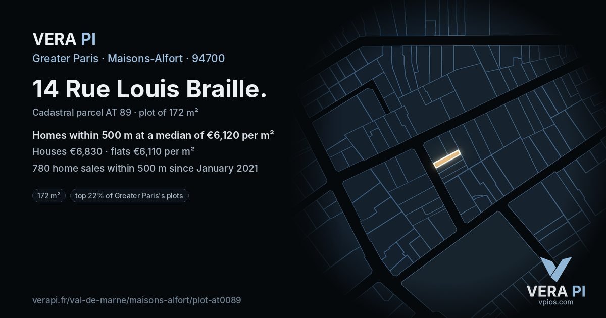 14 Rue Louis Braille, Maisons-Alfort at night – the plot lit, the parcels around coloured by the prices near them