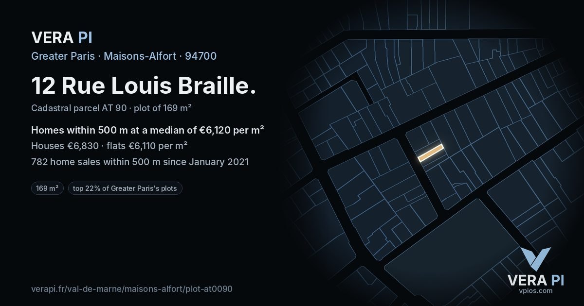 12 Rue Louis Braille, Maisons-Alfort at night – the plot lit, the parcels around coloured by the prices near them