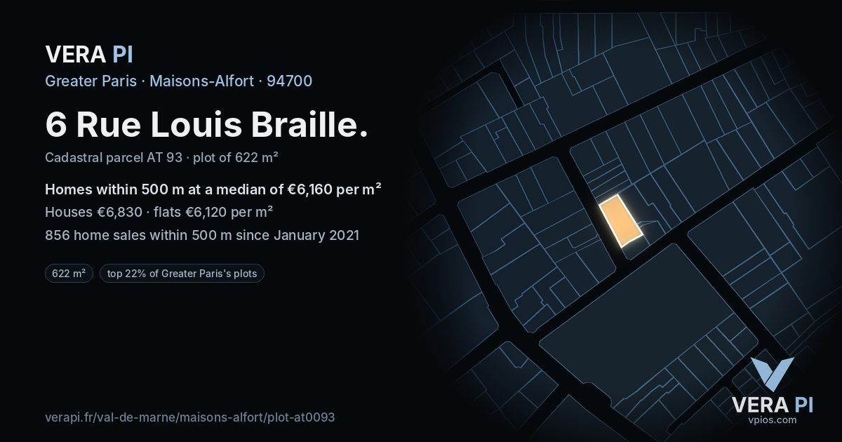 6 Rue Louis Braille, Maisons-Alfort at night – the plot lit, the parcels around coloured by the prices near them