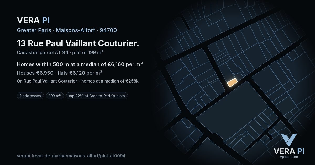 13 Rue Paul Vaillant Couturier, Maisons-Alfort at night – the plot lit, the parcels around coloured by the prices near them